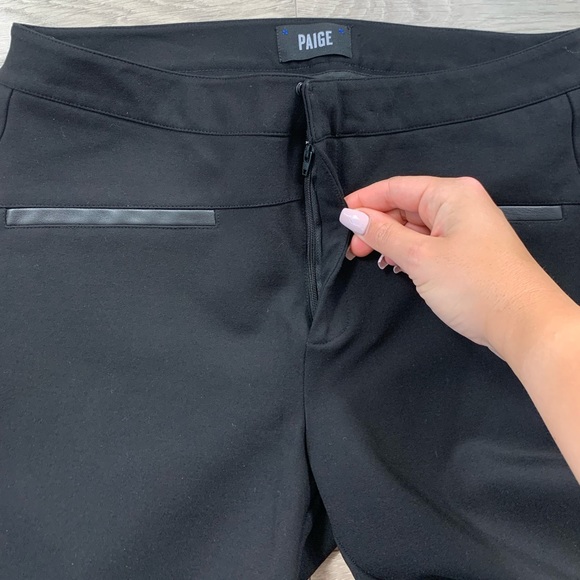 PAIGE Black Rosalind Ponte Knit Stretch Pants w/ Faux Leather Trim Pockets - Picture 5 of 12